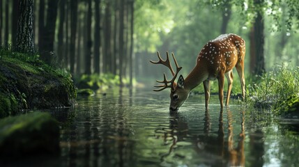 A deer drinking water from a river in a woodland ecosystem