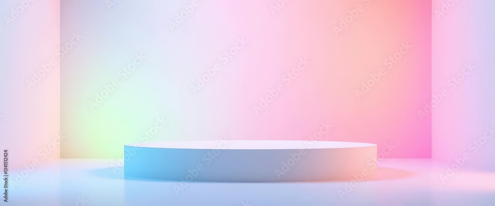 Poster gradient pastel walls illuminate a floating matte white rectangular podium in a minimalist studio, a
