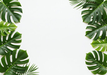 Naklejka premium Minimalist Flat Lay of Monstera and Tropical Leaves on Side with Large White Space – Clean and Balanced Botanical Composition