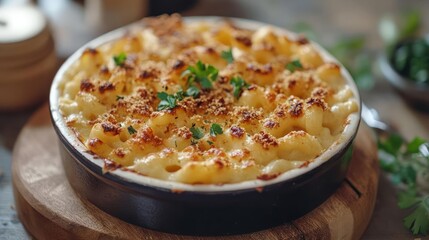 A macaroni and cheese dish with a crispy top