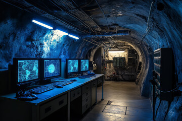 A top-secret underground military bunker 3D background room with high-tech monitors displaying strategic battle plans, steel walls reinforced with thick security plating, soldiers monitoring encrypted