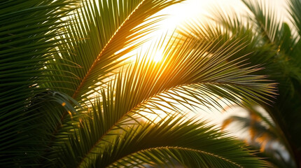 Naklejka premium Tropical Spa Resort Texture Background with Palm Leaves and Sunset Glow
