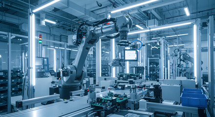 Fototapeta premium industrial robot arm assembling products in a high tech factory environment
