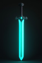 Futuristic glowing digital sword hilt model isolated on a dark background