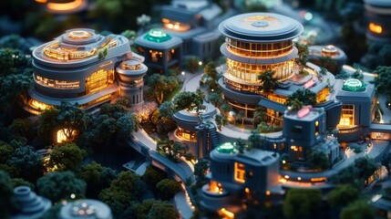 Obraz premium digital 3d isometric illustration of an illuminated futuristic eco-smart campus