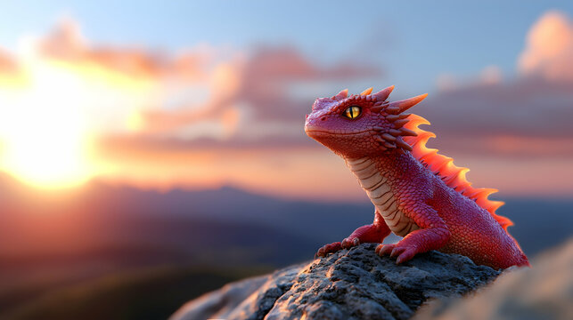 Red Dragon at Sunset on Mountain Peak - Powered by Adobe