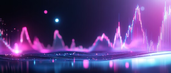 A vibrant digital landscape featuring dynamic waveforms and colorful lights, representing data visualization or sound waves in a futuristic style.