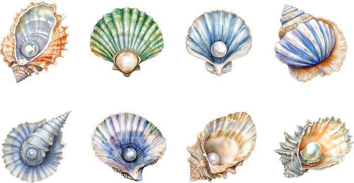 Set of fairy shells with pearls png. Watercolor seashells decorated with pearls. Sea and ocean elements. Watercolor mermaid objects and underwater fairy world.