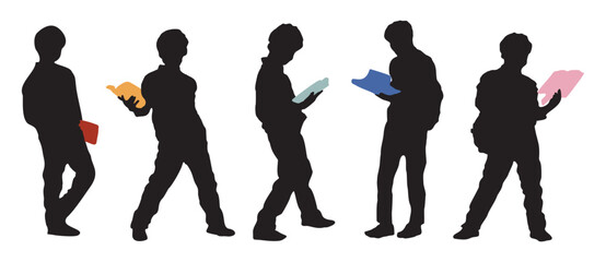 Silhouettes of school boys holding a book. The children are wearing backpacks and appear to be students. Black vector illustrations set isolated on transparent background
