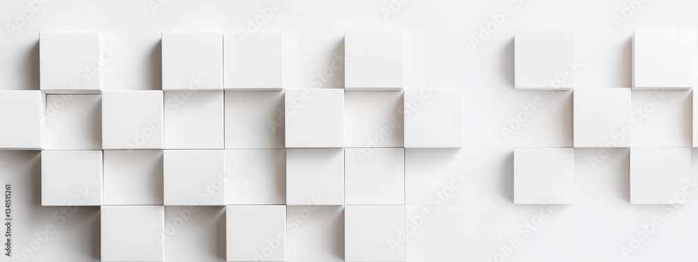 Poster minimalist 3d geometric background with varying white squares and rectangles on a smooth wall