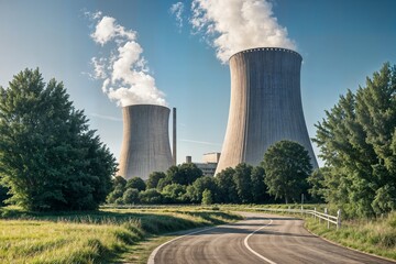 view on cooling towers of nuclear power plant thermal power station in which heat source is nuclear reactor cheap energy source