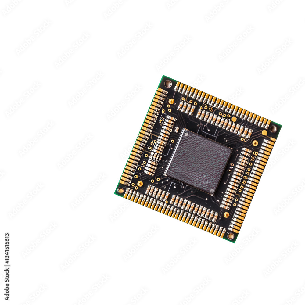Poster microchip with intricate circuitry on a black background. isolated on white background