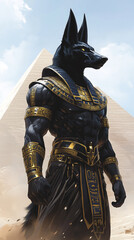 Fototapeta premium A striking, high-quality image of Anubis standing against a pyramid backdrop