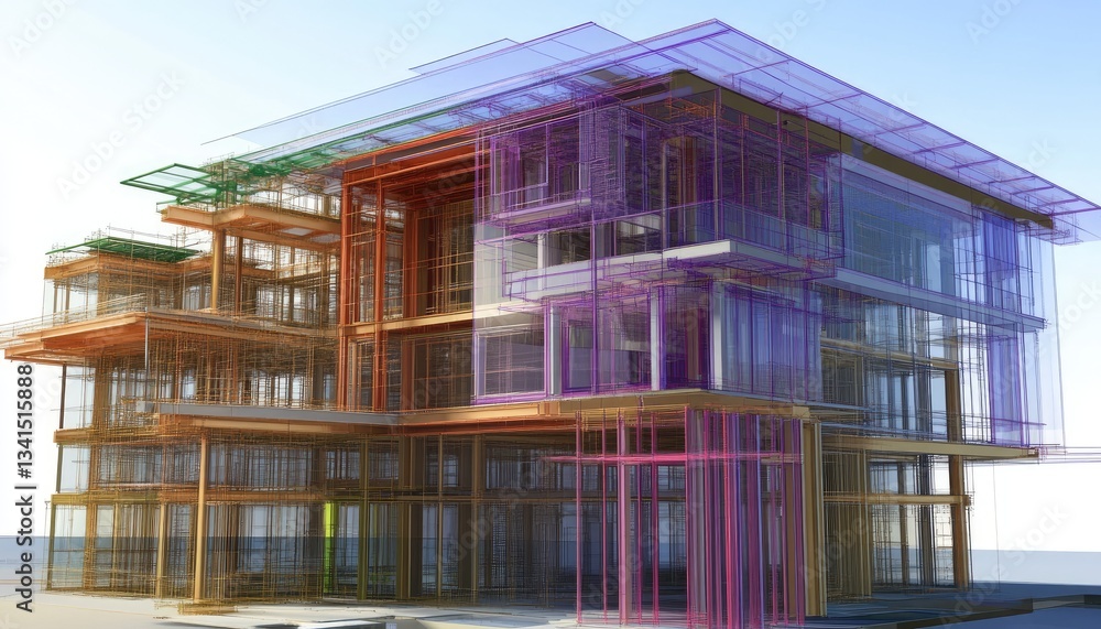 Poster abstract architectural structure with colorful transparent layers showing interior and exterior elem