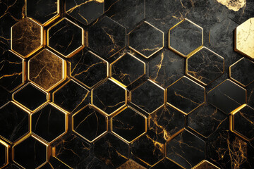 A luxury 3D background where golden hexagonal tiles contrast against a deep black marble surface. The polished reflections and intricate details create a premium, elegant look, suitable for high-end