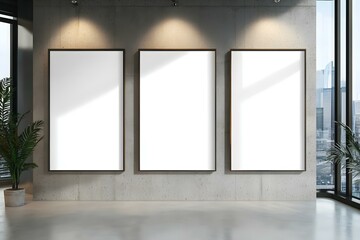 Triple Vertical Digital Poster Mockup in Modern Interior