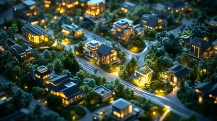 digital 3d isometric illustration of an illuminated futuristic eco-smart city