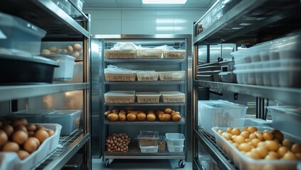 Commercial Kitchen Storage: Organized Shelves Filled with Potatoes and other Ingredients