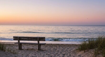 Bench Overlooking Calm Beach at Sunrise with Soft Pastel Colors