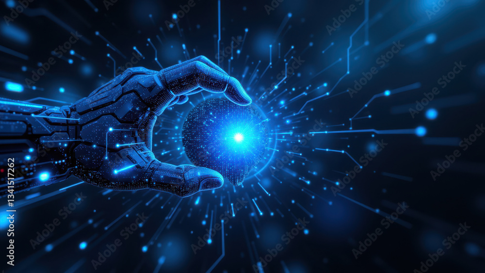 Poster a robotic hand surrounded by blue energy emanating from a kubernetes cluster, symbolizing cybersecur