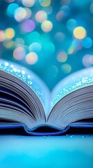 Open book, magical light, teal background, sparkling edges