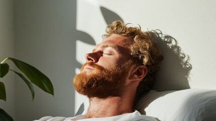 Man lying down, closed eyes, beard, resting hand on face.