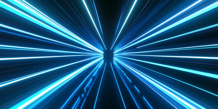 A glowing 3D background depicting a neon tunnel with parallel lines of light stretching into the distance. The vibrant contrast between electric blue and deep black enhances the sense of speed and