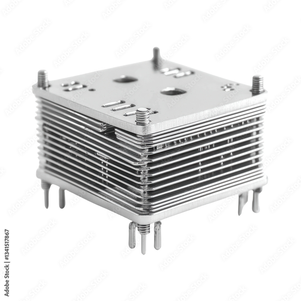 Poster metallic computer heat sink with fins and mounting pins. isolated on white background