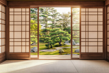 A traditional Japanese tea house 3D background room with sliding shoji doors, delicate tatami flooring, and a serene bonsai garden visible through the open terrace. The atmosphere is peaceful and