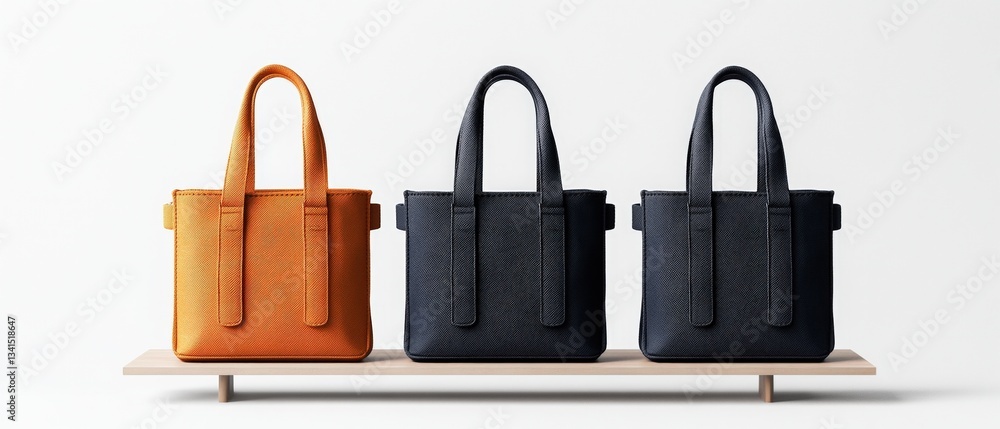 Poster three distinctively colored tote bags displayed on a shelf with studio lighting highlighting their u