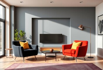 Sleek modern living room, stylish armchairs flanking a contemporary electric heater, neutral, chairs