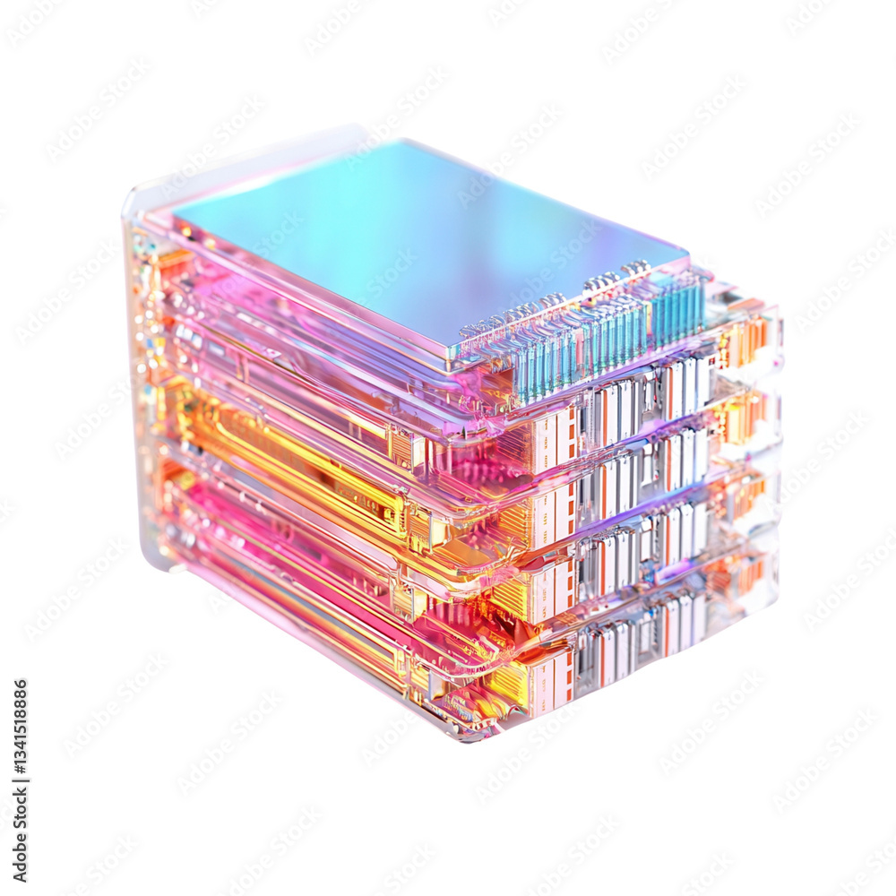 Poster stacked transparent cards reflecting colorful light patterns. isolated on white background