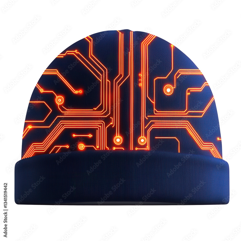 Poster futuristic beanie with circuit board design on a black background. isolated on white background