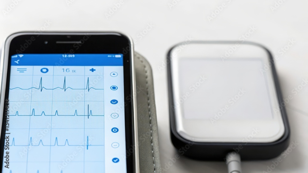Poster a smartphone displaying ecg data connected to a compact medical device for heart monitoring, emphasi