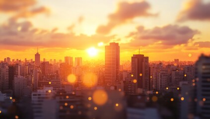 Fototapeta premium Golden Hour Cityscape: A Sunset Panorama over Urban Skyline