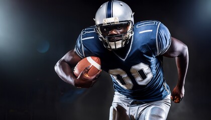 Fototapeta premium A close up view of a football player holding the American football in his arms while running; dramatic and cinematic; 