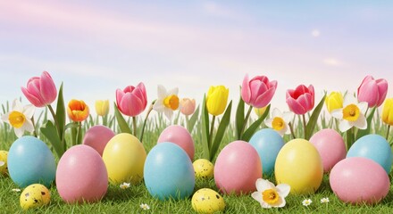 Easter Eggs and Spring Flowers in a Meadow for Holiday Celebration