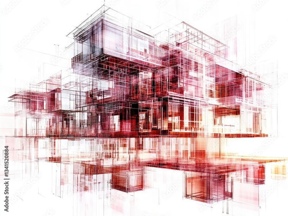 Poster abstract digital architectural structure with red and white pixelated details and mirror effect on w