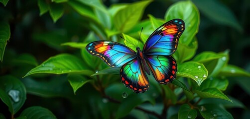 Vibrant butterfly with iridescent wings, perched on lush green leaves, glistening raindrops, tropical, lush