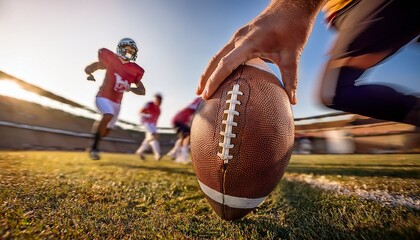 A close up view of the hands holding an American football while running on the field;