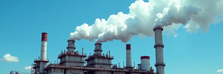 Grimy industrial pipes spew smoke into a clear blue sky , infrastructure, sky