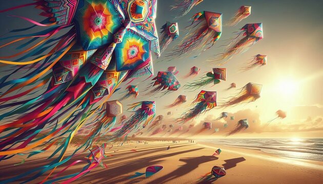 Brightly colored kites fluttering in the wind along an empty bea