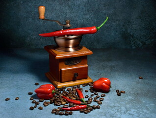 Chillii coffee, beans and chilli with crossruff and beautiful vintage background. 