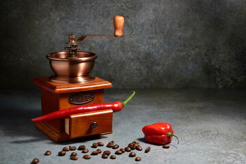 Chillii coffee, beans and chilli with crossruff and beautiful vintage background. 