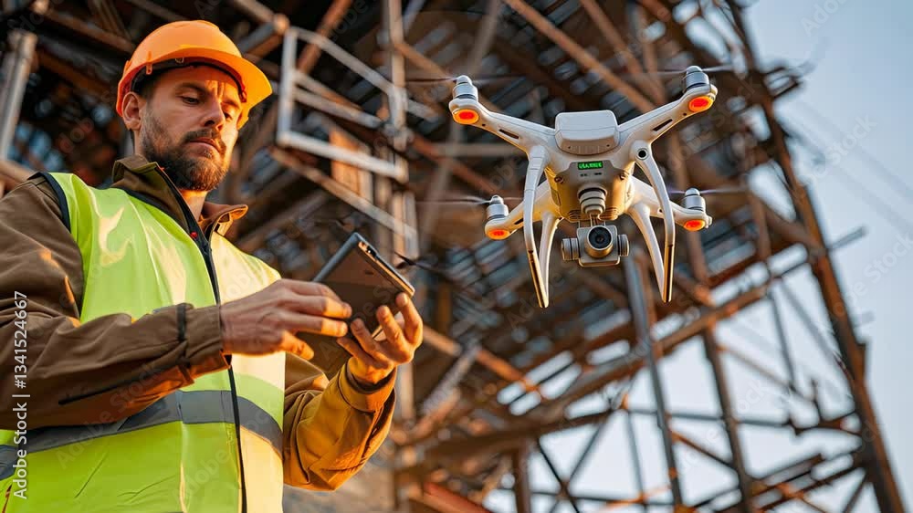 Poster worker uses remote control to operate a drone at a construction site, capturing aerial views against