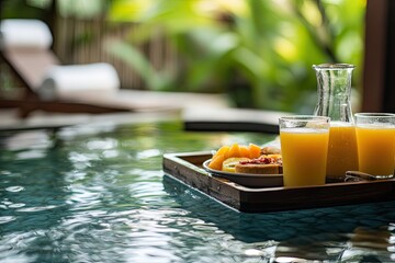 A floating tray with breakfast and fresh juice in a tropical villa pool