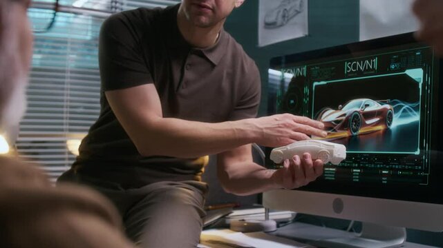 Medium closeup of hands and midsection of young male car designer holding scale model, pointing to exterior curves, explaining aerodynamic properties, while sitting on desk talking to colleagues