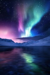 Naklejka premium Stunning aurora borealis over snowy mountains and reflective lake at night.