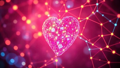 Abstract digital heart, vibrant interconnected nodes forming glowing network, internet, heartbeat