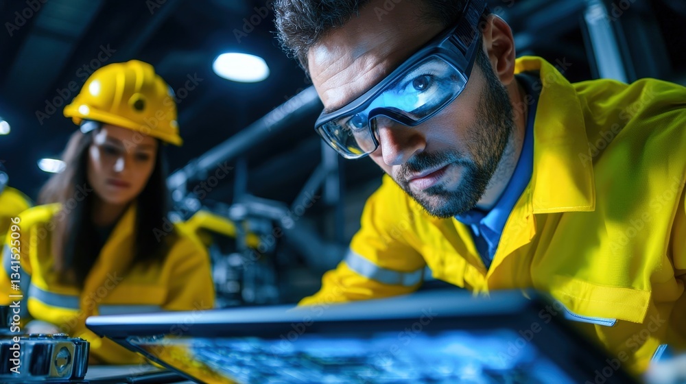 Poster a focused engineer in safety gear analyzes data on a tablet while a colleague observes in a brightly